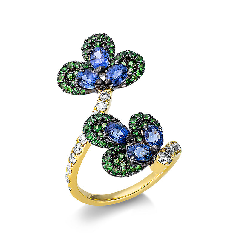 Ring 18 kt GG Blumen. Fassung teils schwarz rhodinie