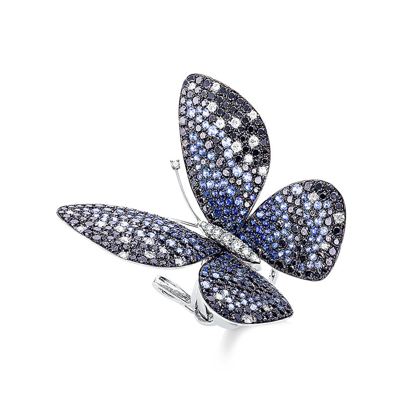 Ring 18 kt WG Schmetterling. Fassung teils schwarz rhodini